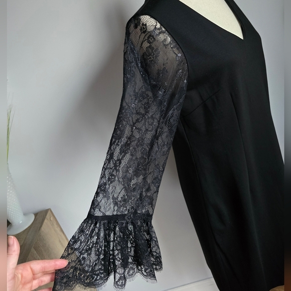 Talbots, New, Black Lace Flounce Sleeve Ponte Knit A-Line Shift Dress, Size 6 - Picture 7 of 12
